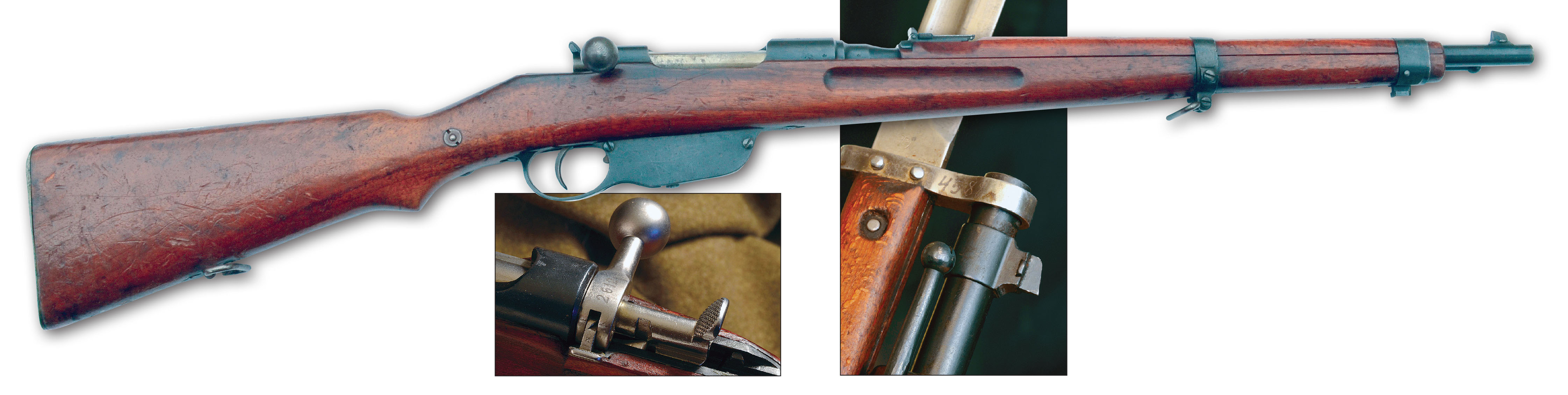 The Mannlicher M95 action’s cocking piece could be manipulated with the thumb, and the safety was simple and out of the way. It was the first rifle to use stainless steel (the bolt), and its barrel was thinner and lighter, because it was made of a special steel alloy developed by Steyr. The Mannlicher M95 Stutzen had both a bayonet lug and stacking rod that were omitted from the otherwise similar M95 cavalry carbine.